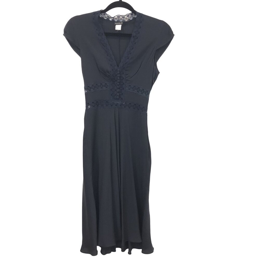 Searle Black Sheer Lace Trim Silk Midi Dress Cap Sleeves Button Details Size 2